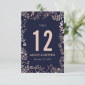 Elegant Navy Blue Roos Gold Floral Table Numbers Kaart (Staand voorkant)