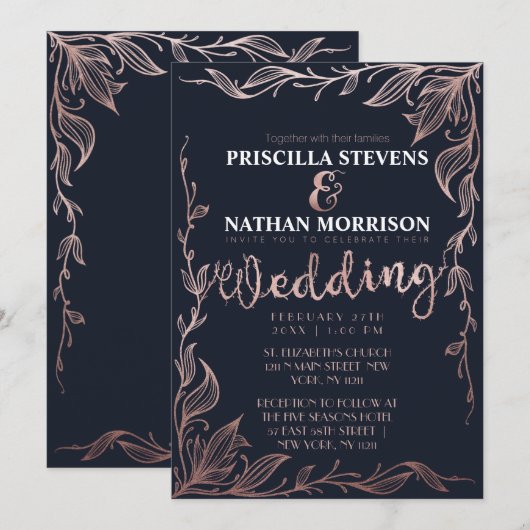 Elegant Navy Blue Roos Gold Floral Vine Wedding Kaart (Voorkant / Achterkant)