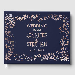 Elegant Navy Blue Roos Gold Floral Wedding Gastenboek