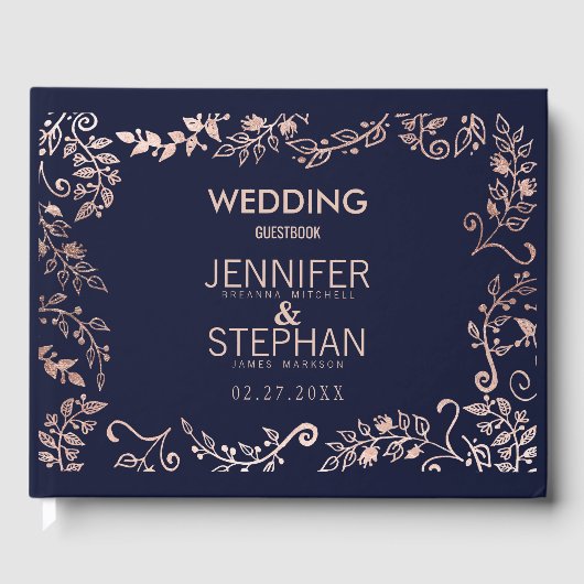 Elegant Navy Blue Roos Gold Floral Wedding Gastenboek (Voorkant)