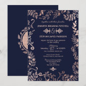 Elegant Navy Blue Roos Gold Floral Wedding Invites Kaart (Voorkant / Achterkant)