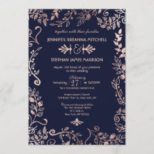 Elegant Navy Blue Roos Gold Floral Wedding Invites