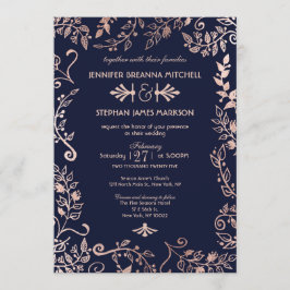 Elegant Navy Blue Roos Gold Floral Wedding Invites Kaart