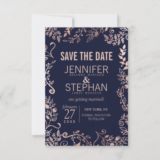 Elegant Navy Blue Roos Gold Floral Wedding Save The Date (Voorkant)
