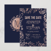 Elegant Navy Blue Roos Gold Floral Wedding Save The Date (Voorkant / Achterkant)