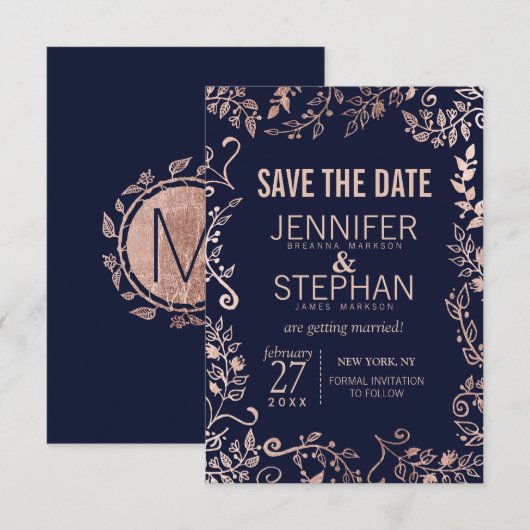 Elegant Navy Blue Roos Gold Floral Wedding Save The Date (Voorkant / Achterkant)