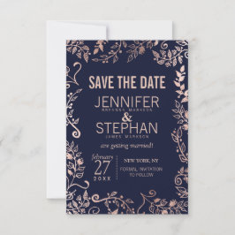 Elegant Navy Blue Roos Gold Floral Wedding Save The Date