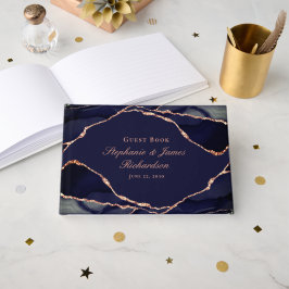 Elegant Navy Blue Roos Gold Foil Agate Wedding Gastenboek