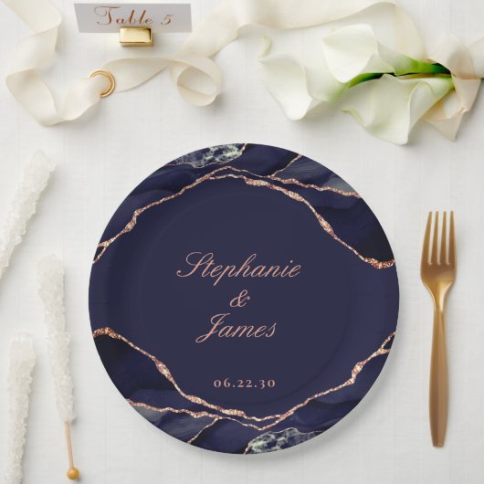 Elegant Navy Blue Roos Gold Foil Agate Wedding Papieren Bordje (Huwelijk)