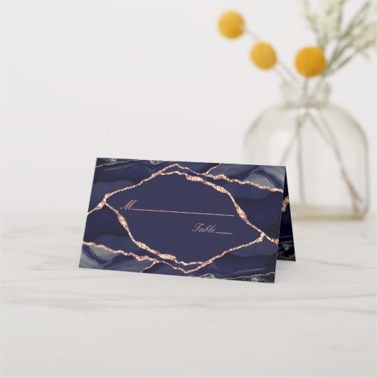 Elegant Navy Blue Roos Gold Foil Agate Wedding Plaatskaartje (Voorkant)