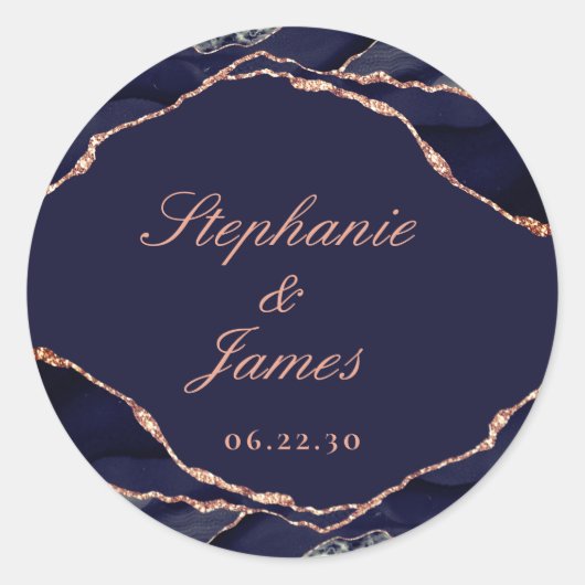 Elegant Navy Blue Roos Gold Foil Agate Wedding Ronde Sticker (Voorkant)