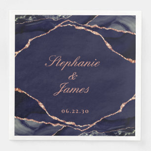 Elegant Navy Blue Roos Gold Foil Agate Wedding Servet