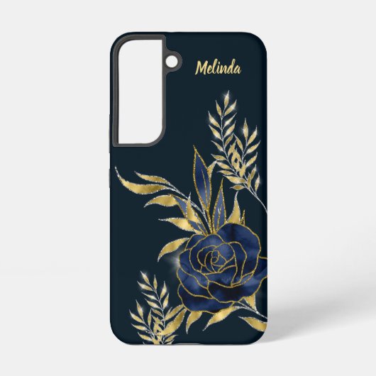 Elegant Navy Blue Roos Gold Leaves Monogram Samsung Galaxy Hoesje (Achterkant)