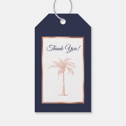 Elegant Navy Blue Roos Gold Palm Tree Weddenschap Cadeaulabel (Achterkant)