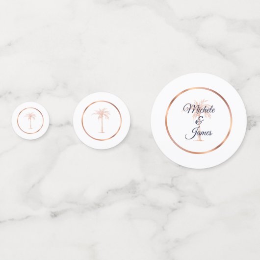 Elegant Navy Blue Roos Gold Palm Tree Weddenschap Confetti (Achterkanten)