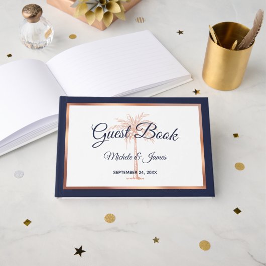 Elegant Navy Blue Roos Gold Palm Tree Weddenschap Gastenboek (Voorkant open)