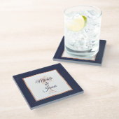 Elegant Navy Blue Roos Gold Palm Tree Weddenschap Glazen Onderzetter (Schuin)