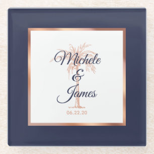 Elegant Navy Blue Roos Gold Palm Tree Weddenschap Glazen Onderzetter