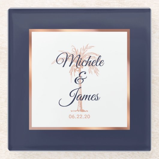 Elegant Navy Blue Roos Gold Palm Tree Weddenschap Glazen Onderzetter (Voorkant)