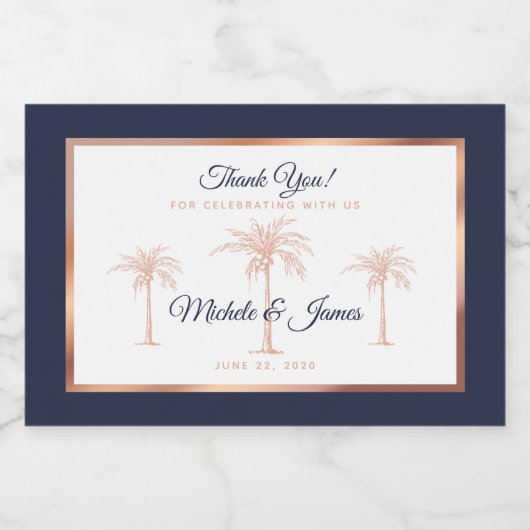 Elegant Navy Blue Roos Gold Palm Tree Weddenschap Sparkling Wijnetiket (Enkel label)