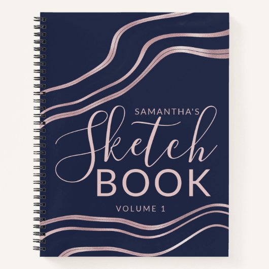 Elegant Navy Blue Roos Gold Sketchbook Jouw naam Notitieboek (Voorkant)