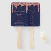 Elegant Navy Blue Roos Gold Wedding Program Hand F Handwaaier (Voorkant en achterkant)