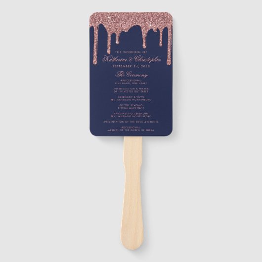 Elegant Navy Blue Roos Gold Wedding Program Hand F Handwaaier (Voorkant)