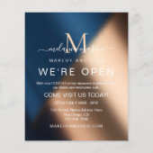 Elegant Navy Blue Roos Gold We're Open Salon Flyer (Achterkant)