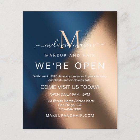 Elegant Navy Blue Roos Gold We're Open Salon Flyer (Voorkant)