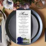 Elegant Navy Blue Roos met reflectie Wedding Menu<br><div class="desc">Dit prachtige menu zal wat stijl aan uw trouwreceptie toevoegen. Het is voorzien van een prachtig en romantisch ontwerp met één diep blauw roos in de marine dat aan de zijkant staat en dat in een pool van water met golven en rimpels reflecteert. Er is ruimte voor de namen van...</div>