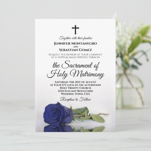 Elegant Navy Blue Roos Moderne katholieke bruiloft Kaart (Staand voorkant)