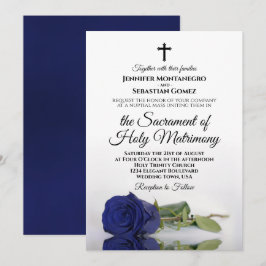 Elegant Navy Blue Roos Moderne katholieke bruiloft Kaart