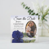 Elegant Navy Blue Roos Oval Photo Weddenschap Save The Date (Staand voorkant)