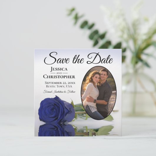 Elegant Navy Blue Roos Oval Photo Weddenschap Save The Date (Staand voorkant)