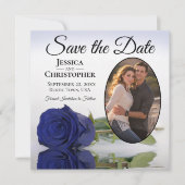 Elegant Navy Blue Roos Oval Photo Weddenschap Save The Date (Voorkant)
