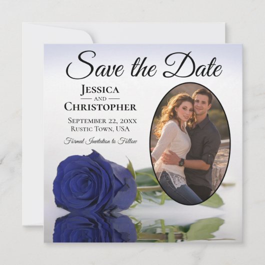 Elegant Navy Blue Roos Oval Photo Weddenschap Save The Date (Voorkant)