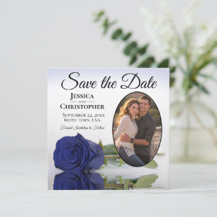Elegant Navy Blue Roos Oval Photo Weddenschap Save The Date