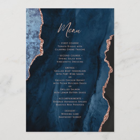 Elegant Navy Blue Rose Gold Agate Wedding Menu (Voorkant)