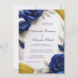 Elegant Navy Blue Roses & Gold Glitter Wedding Kaart