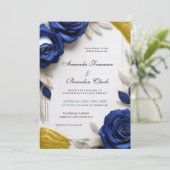 Elegant Navy Blue Roses & Gold Glitter Wedding Kaart (Staand voorkant)