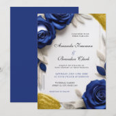 Elegant Navy Blue Roses & Gold Glitter Wedding Kaart (Voorkant / Achterkant)