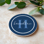 Elegant Navy Blue Round Custom Monogram Initiaal Zandsteen Onderzetter<br><div class="desc">Het Elegant ronde gepersonaliseerde ontwerp van het onderzetter van de drink van de drank kenmerkt een klassiek initiaal van de douanesusserif in dusty blauw met uw achternaam/achternaam in modern wit kalligrafiemanuscript tegen een jaloerse achtergrond. Een eenvoudige witte cirkel lijst het ontwerp. Het kleurenschema kan worden aangepast om perfect met uw...</div>