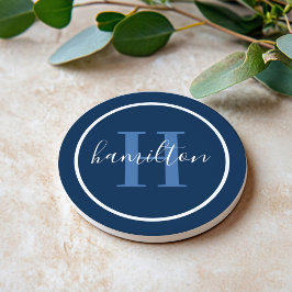 Elegant Navy Blue Round Custom Monogram Initiaal Zandsteen Onderzetter