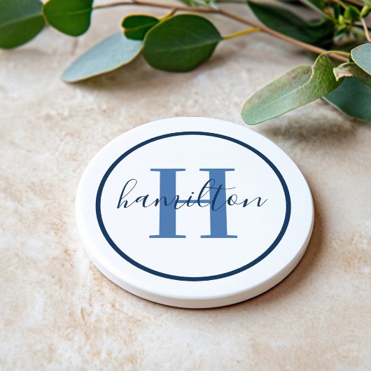 Elegant Navy Blue Round Custom Monogram Initiaal Zandsteen Onderzetter