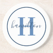 Elegant Navy Blue Round Custom Monogram Initiaal Zandsteen Onderzetter (Voorkant)