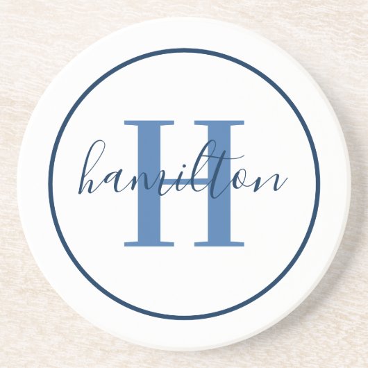 Elegant Navy Blue Round Custom Monogram Initiaal Zandsteen Onderzetter (Voorkant)