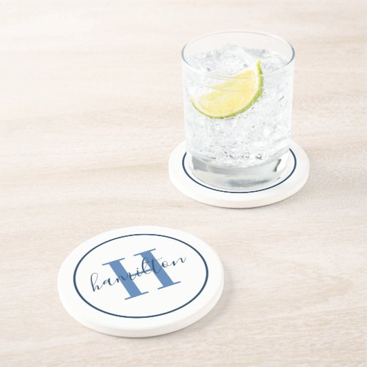 Elegant Navy Blue Round Custom Monogram Initiaal Zandsteen Onderzetter (Zijkant)