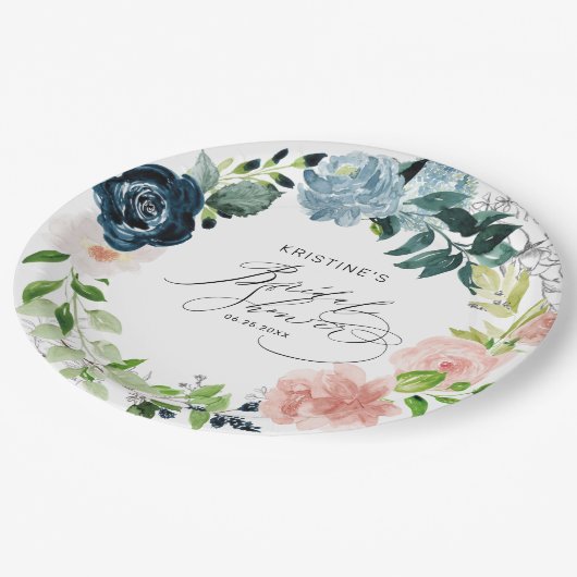 Elegant Navy Blue Roze Rose Floral Vrijgezellenfee Papieren Bordje (Gekanteld)