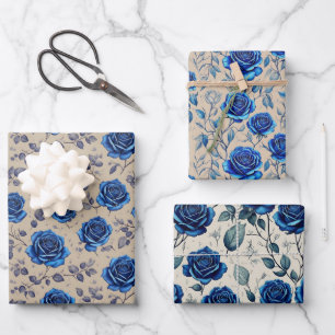 Elegant Navy Blue Rozen Flora Pattern Inpakpapier Vel