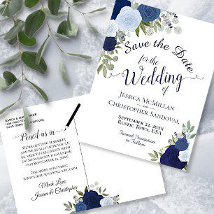 Elegant Navy & Blue Rozen Wedding Save the Date Aankondigingskaart